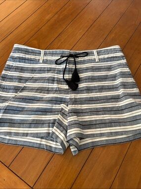 LOFT Blue & White Striped Tassel Tie Linen Blend Shorts Size 8